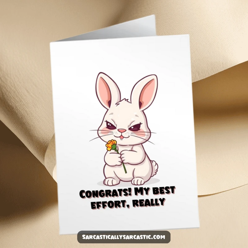 Funny Free Printable Congratulations Card: Rabbit with a sly grin, holding a tiny, wilted flower, about their success.