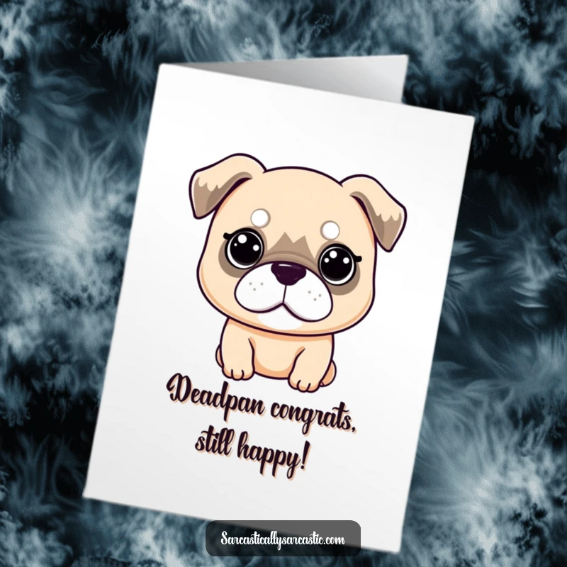 Funny Free Printable Congratulations Card: Kawaii dog with a deadpan face and sad-ish ears, ironically celebrating success. A unique card.