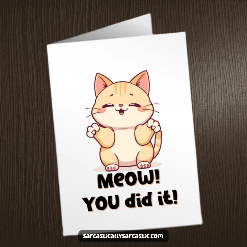 Funny Free Printable Congrats Card: Kawaii cat shrugging with front paws, humorously downplaying a significant achievement.
