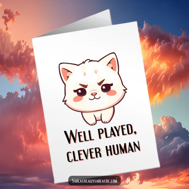 Funny Free Printable Congratulations Card featuring a kawaii cat with a smug, knowing smirk and raised eyebrow, celebrating success.