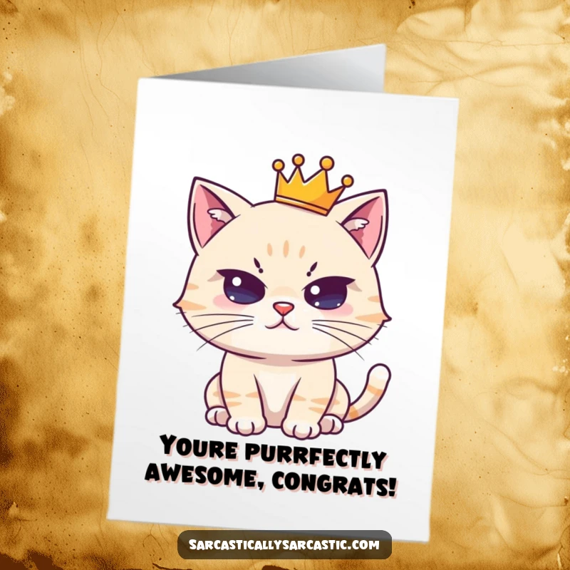 Funny Free Printable Congratulations Card: A cute cat wearing a small crown looks regal and unimpressed, acknowledging success.