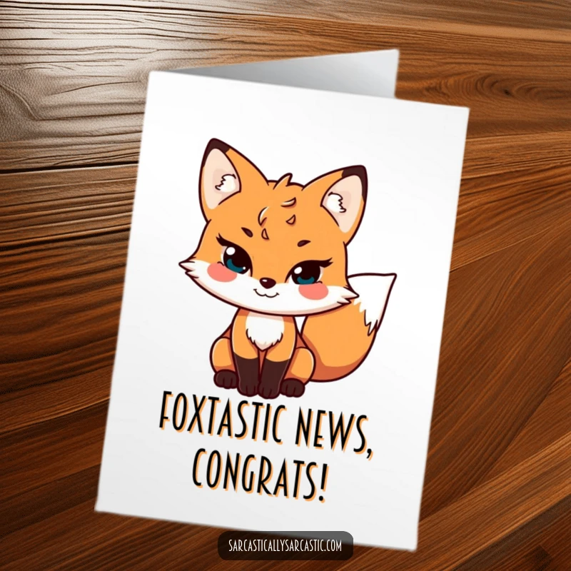 Free Printable congratulations card with a sly fox smirking and its tail wagging, celebrating an achievement.