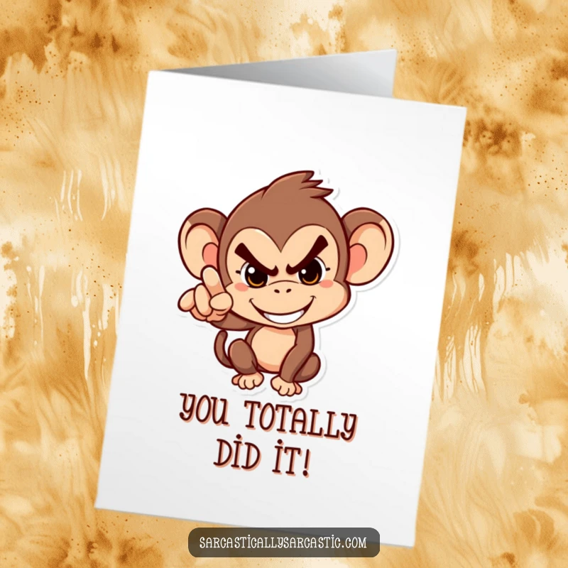 Funny Free Printable Congratulations Card: Mischievous monkey character grinning and pointing accusingly, questioning the source of success.