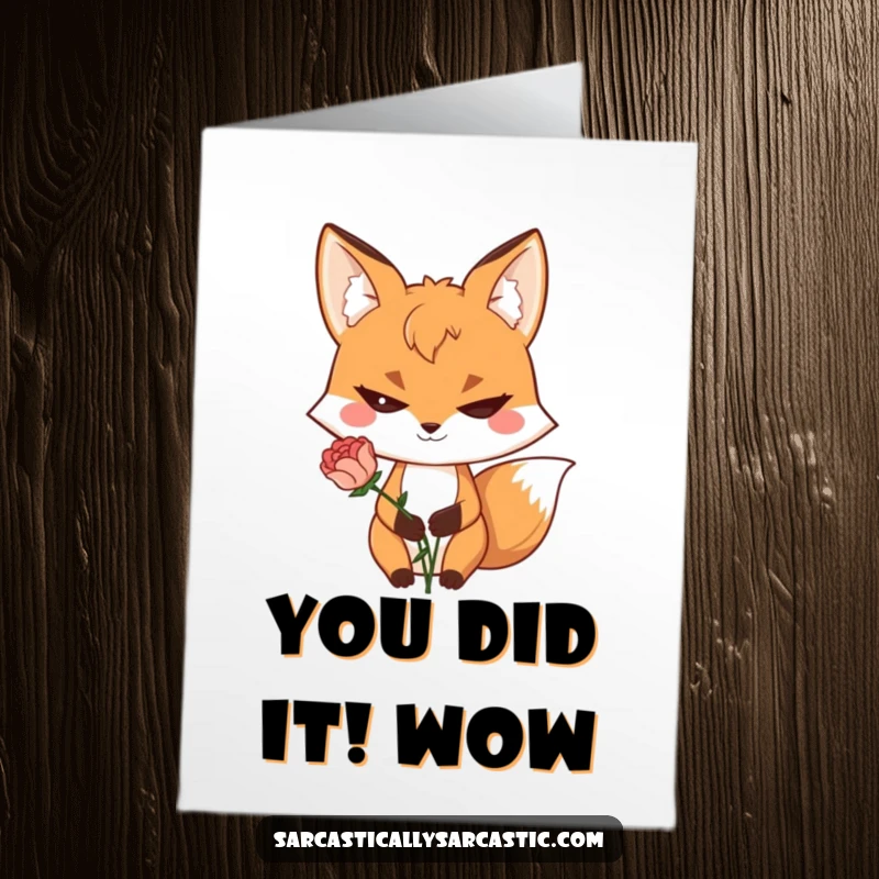 Free Printable Congratulations Card: A sly fox grins, offering a dramatically wilted flower as a sarcastic token.