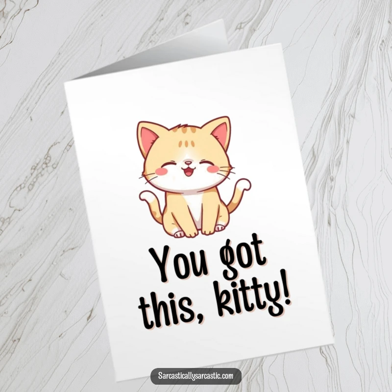 Funny Free Printable Congrats Card: Kawaii cat smirking while playfully flicking its tail, acknowledging a victory.