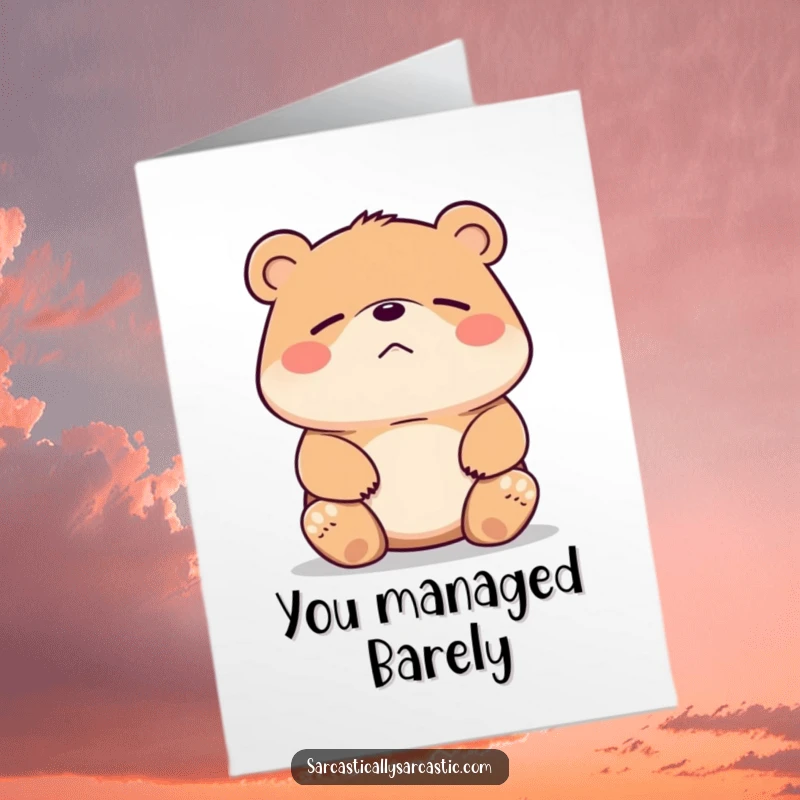 Funny Free Printable Congratulations Card showing a bear shrugging with an unimpressed smirk, ideal for a nonchalant congrats.