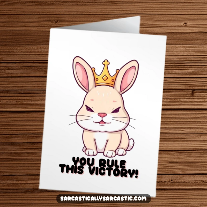 Funny Free Printable Congratulations Card: Slyly grinning rabbit in a tiny crown, celebrating success with regal humor.