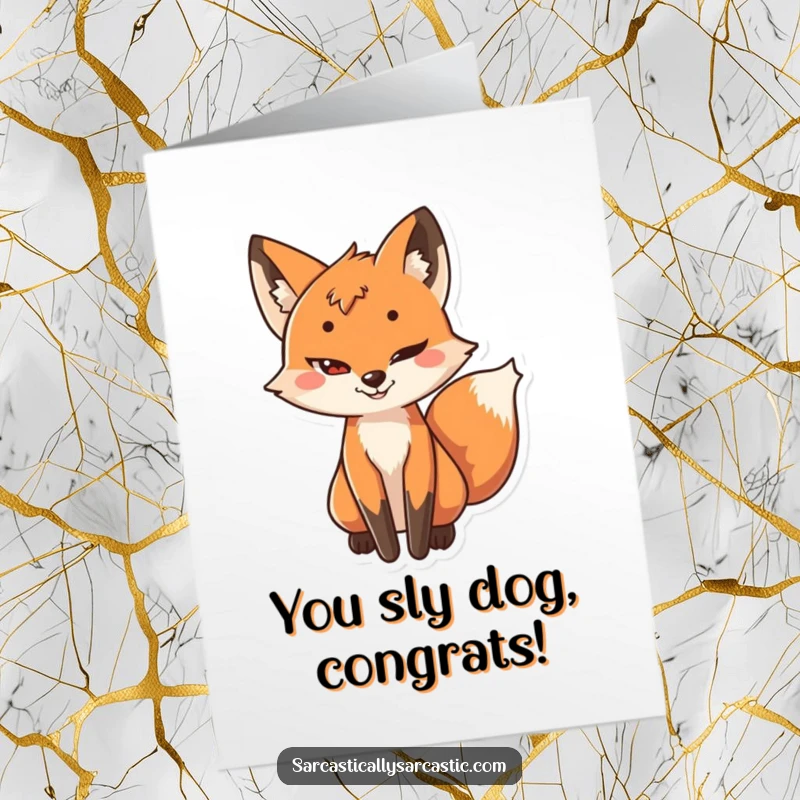 Funny Free Printable Congratulations Card of a sly fox character with a subtle grin and wagging tail, representing clever success and congratulations.