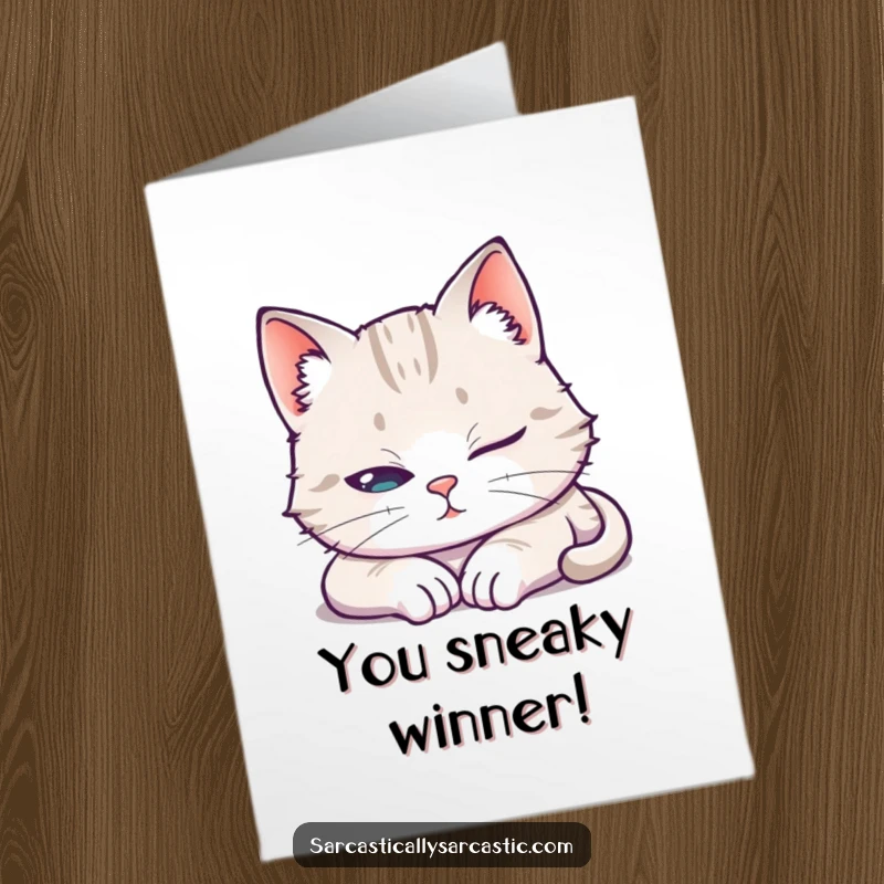 Funny Free Printable Congratulations Card: A cat pretending to sleep, but watching intently with one eye.