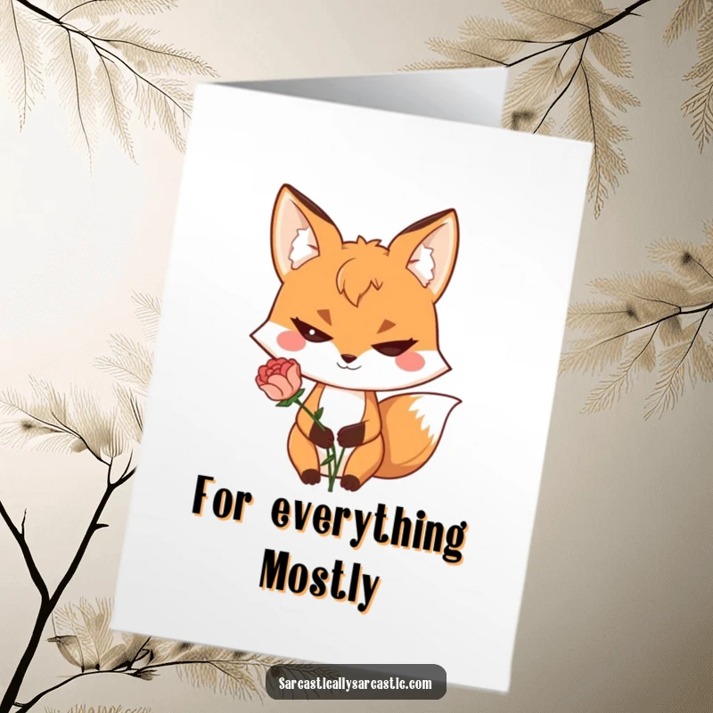 Funny Free Printable Thank You Card: A sly fox offers a slightly sad, wilted flower with a cheeky grin.