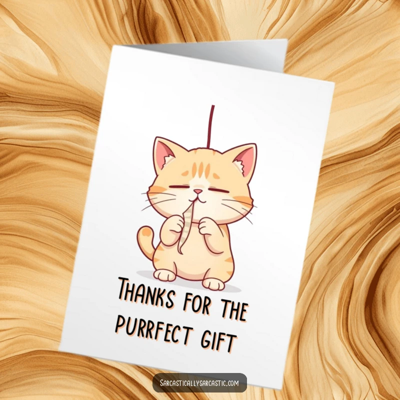 Funny Free Printable Thank You Card: A cat with focused, narrowed eyes bats playfully at a string, conveying thanks with spirited energy.