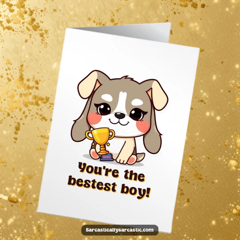 Funny Free Printable Thank You Card with a smugly grinning dog character holding a tiny trophy, expressing heartfelt, albeit boastful, thanks.