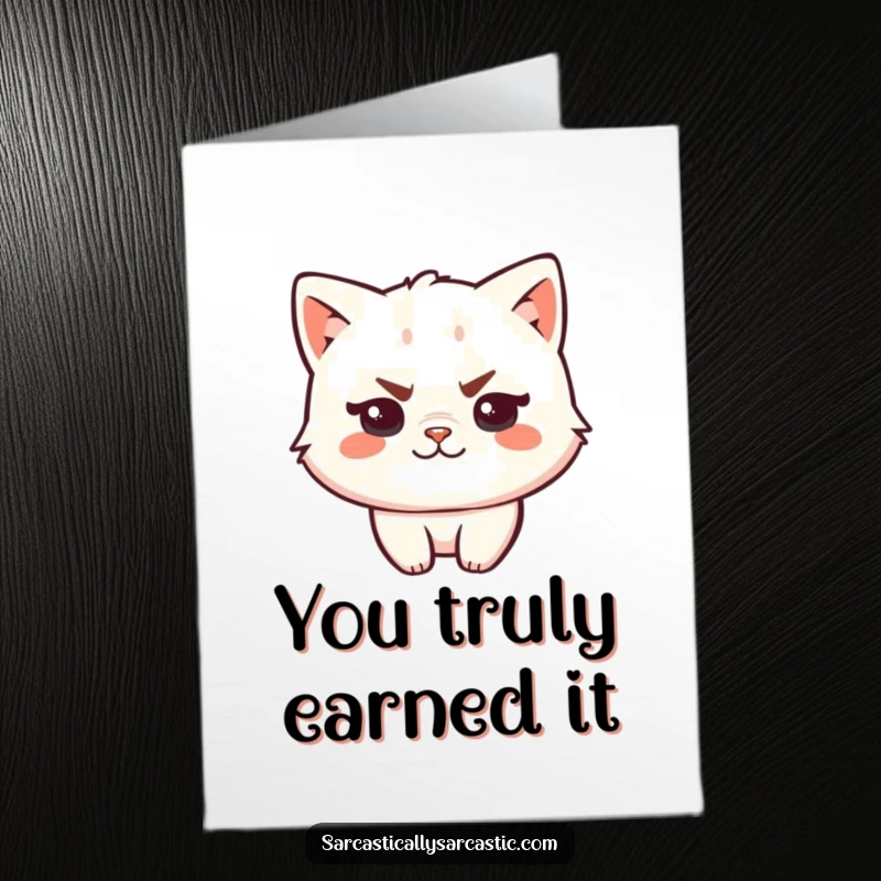 Funny Free Printable Thank You Card showing a kawaii cat with a sly smirk and raised eyebrow, acknowledging a favor.