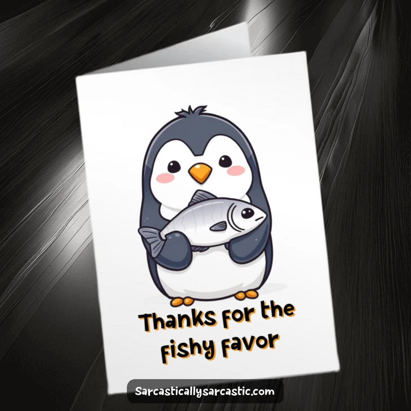 Funny Free Printable Thank You Card: a penguin with an unamused expression offers a single, floppy fish. A humorous DIY thank you.