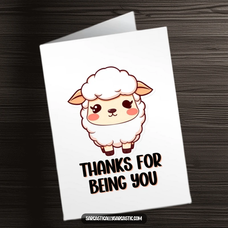 Funny Free Printable Thank You Card: A kawaii sheep with a blank gaze and a sly smirk, offering thanks with a humorous undertone.