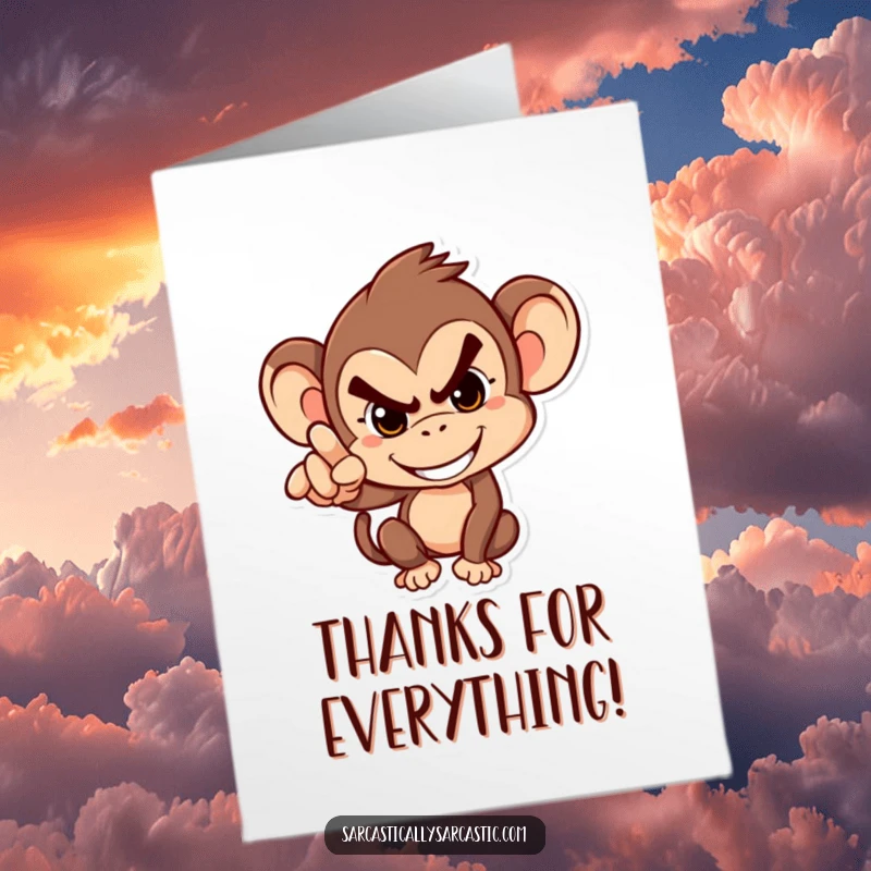 Funny Free Printable Thank You Card: Mischievous monkey with a grin, pointing accusingly, implying thanks comes with a price.
