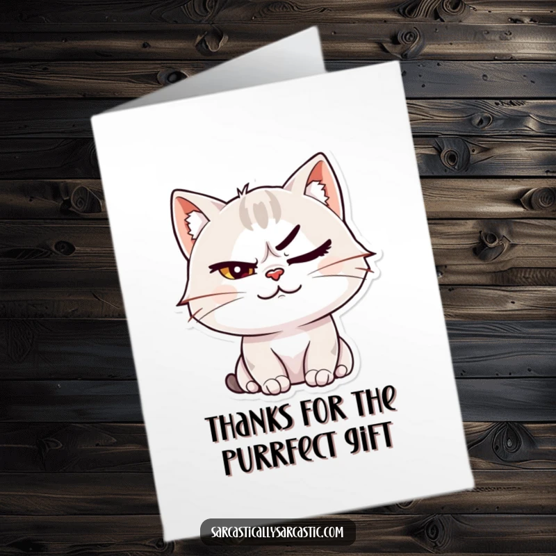 Funny Free Printable Thank You Card: A cat character smirks with one eyebrow raised, conveying thanks with a hint of mysterious charm.