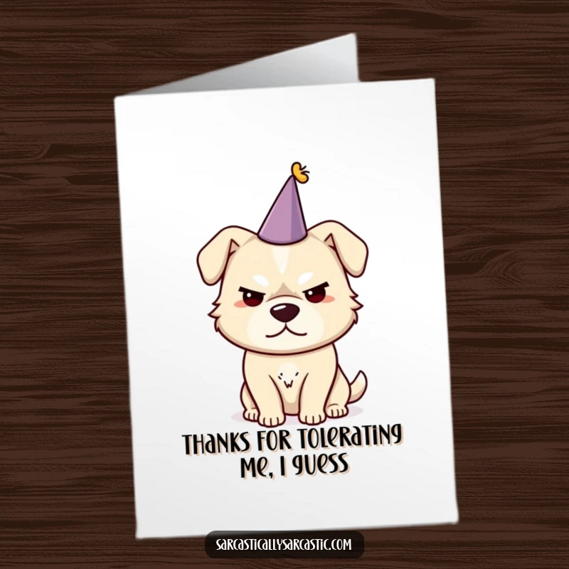 Funny Free Printable Thank You Card: Sarcastic dog in a party hat, smirking with reluctant thanks.