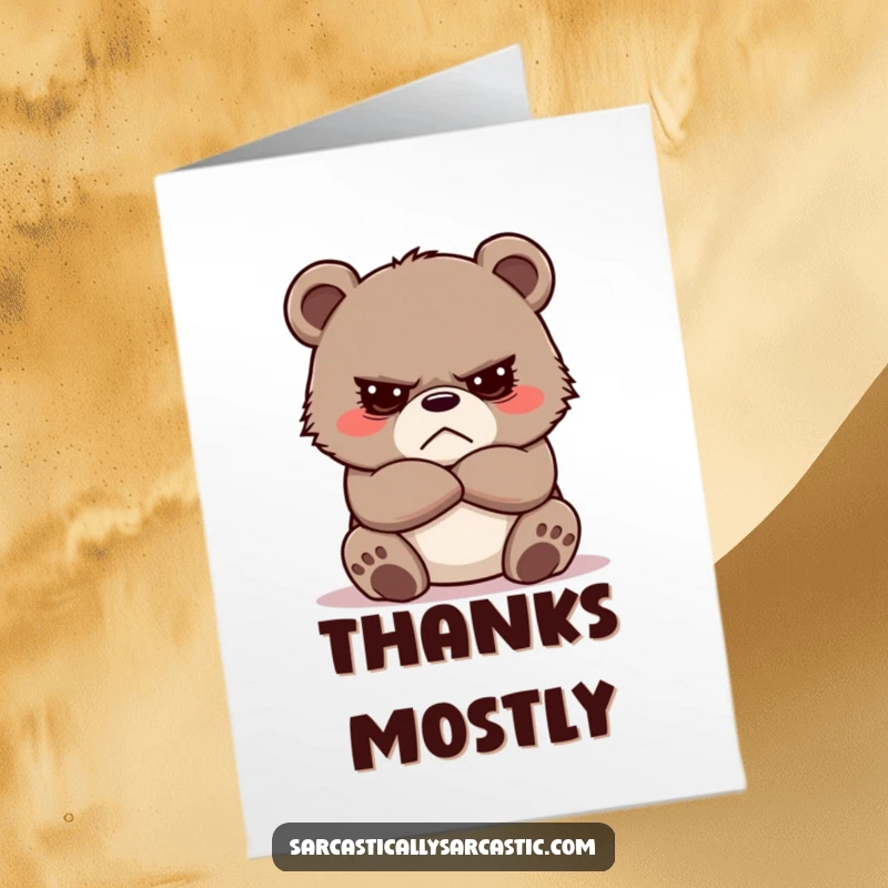Funny Free Printable Thank You Card featuring a grumpy bear cub with crossed arms, offering a reluctant thank you.