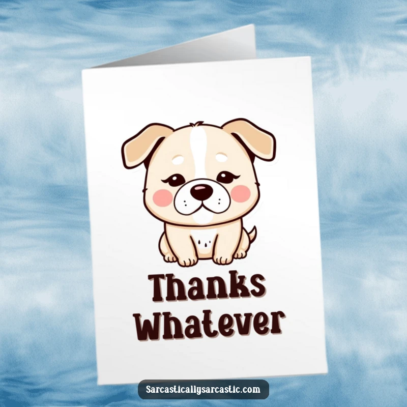 Funny Free Printable Thank You Card featuring a kawaii dog with a deadpan look and droopy ears, conveying thanks subtly.