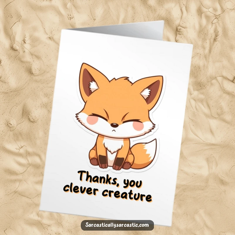 Funny Free Printable Thank You Card of a sly fox with one eye closed, ready as a downloadable gift.