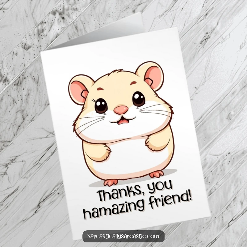 Free Printable thank you card featuring a cute hamster with a knowing smirk and observant eyes, conveying thanks.