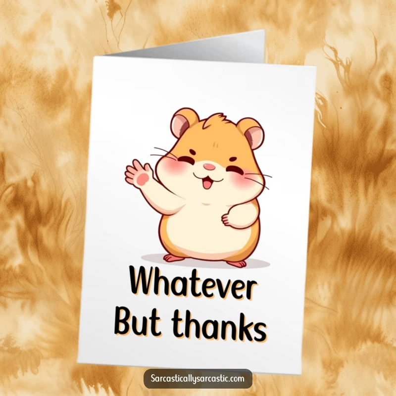 Funny Free Printable Thank You Card with a hamster character gesturing dismissively with its paw, showing a hilariously unenthusiastic thank you.