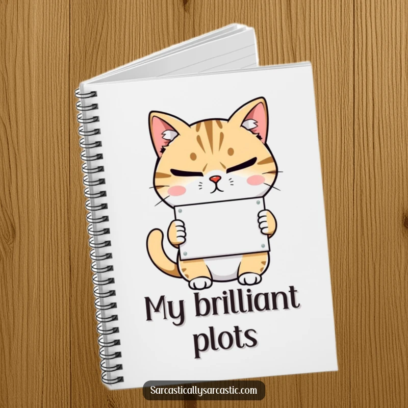 Funny notebook with a judgmental cat, narrowed eyes, smirk, and a tiny sign, ready to record your thoughts.