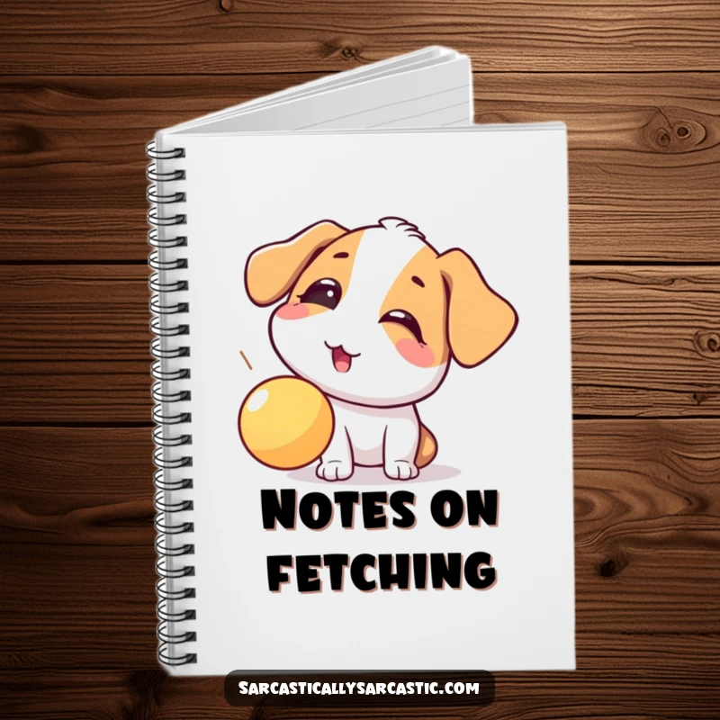 Funny dog notebook featuring a playful eye-roll at a falling ball, designed to capture thoughts with humor and doggy personality.
