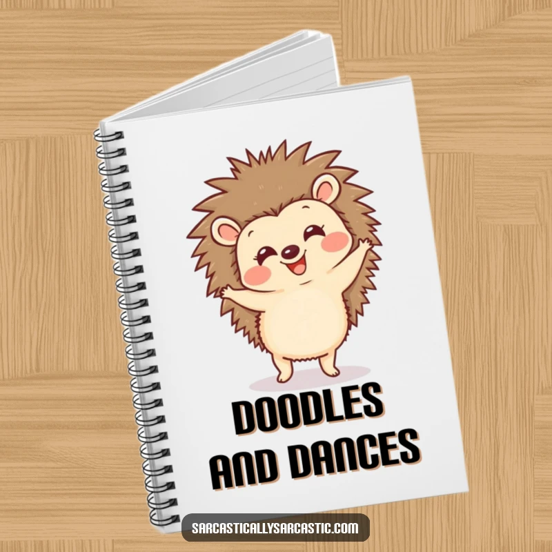 Funny hedgehog notebook featuring a happy, spiky animal doing a comical dance, ideal for capturing notes with a touch of joyful humor.