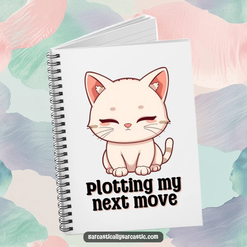 Funny notebook cover illustration of a kawaii cat giving a slow, knowing blink, perfect for jotting down secrets and witty thoughts.