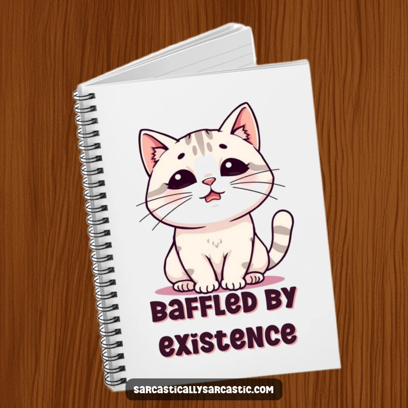 Funny notebook cover illustration of a kawaii cat in a state of a dramatic sigh, inspiring humorous note-taking and journaling.