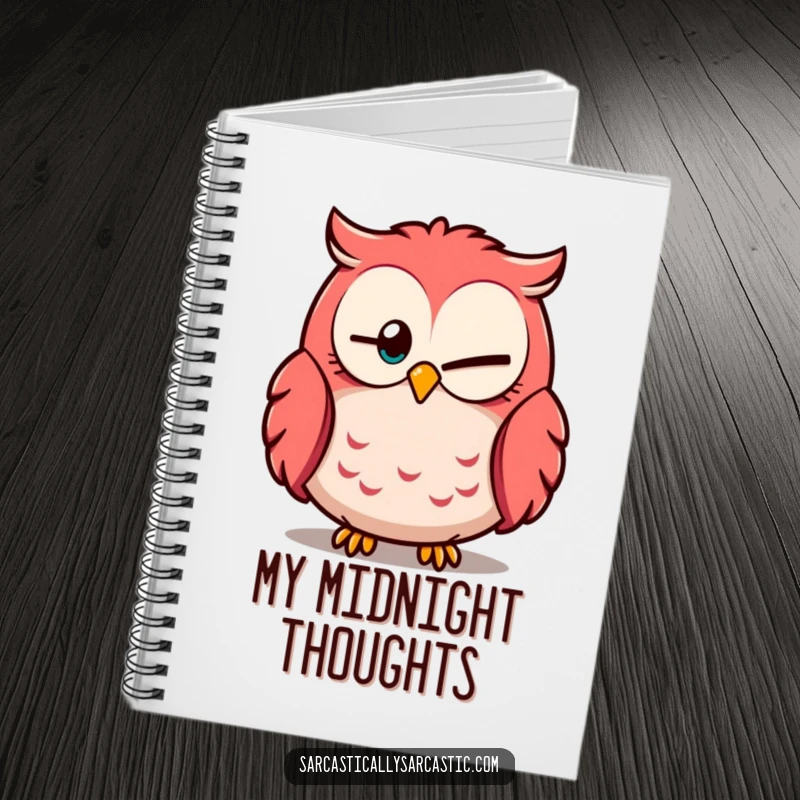 Funny owl notebook with one eye partially closed, looking knowingly, ideal for jotting down wise thoughts.