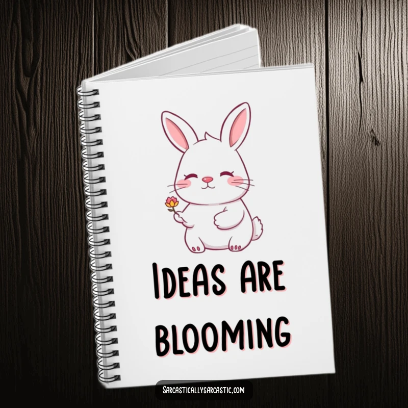 Funny rabbit notebook with a rabbit smiling knowingly and offering a drooping flower. Ideal for notes and ideas.