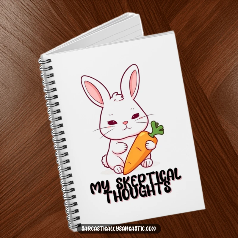 Funny Rabbit Notebook: A rabbit raises an eyebrow skeptically at a carrot, ideal for jotting down thoughtful doubts.