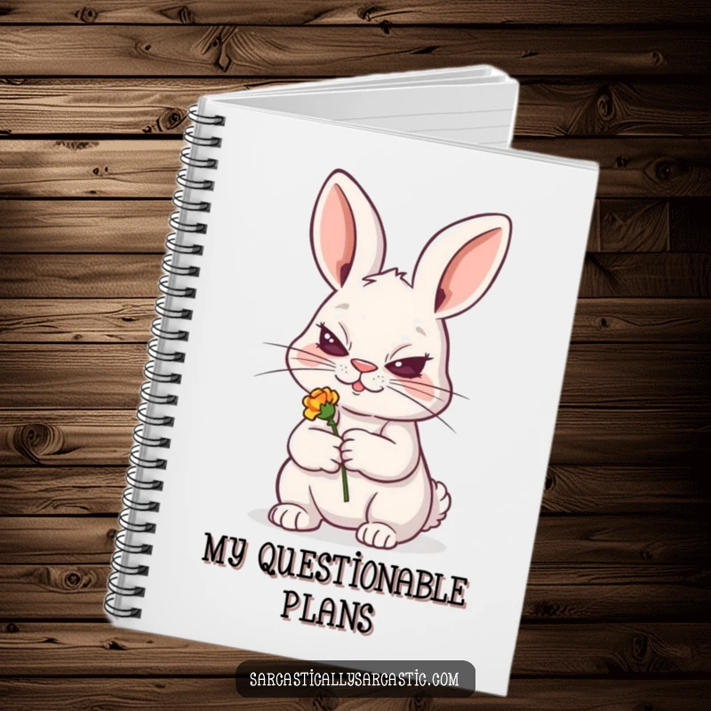 Funny notebook featuring a sly rabbit grinning and holding a wilted flower, perfect for jotting down playful ideas, a funny gift.