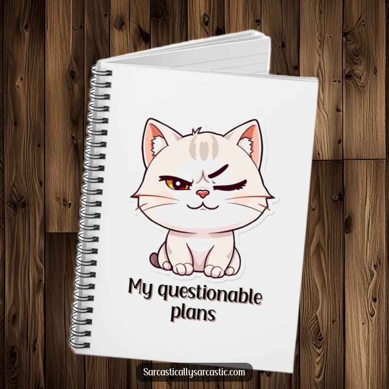 Funny cat character smirking with a raised eyebrow on a notebook, perfect for jotting down thoughts with feline cunning.