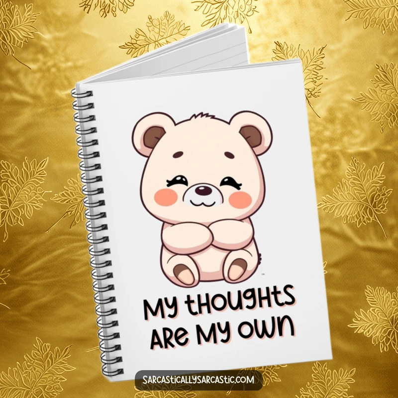 Funny notebook cover showing a kawaii bear with folded arms and a playful, amused smirk.