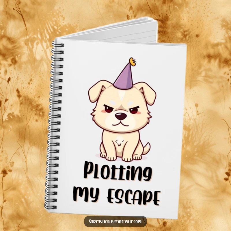 Funny dog notebook with a sarcastic smirk and a tiny party hat, ideal for jotting down witty remarks.