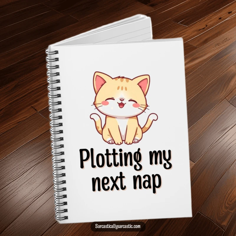 Funny notebook cover with a kawaii cat sporting a smirk, playfully flicking its tail, for jotting down ideas.
