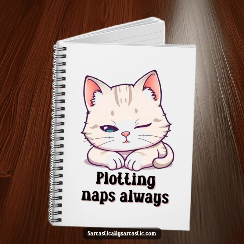 Funny Notebook with a cat pretending to sleep with one eye open, perfect for jotting down witty observations.
