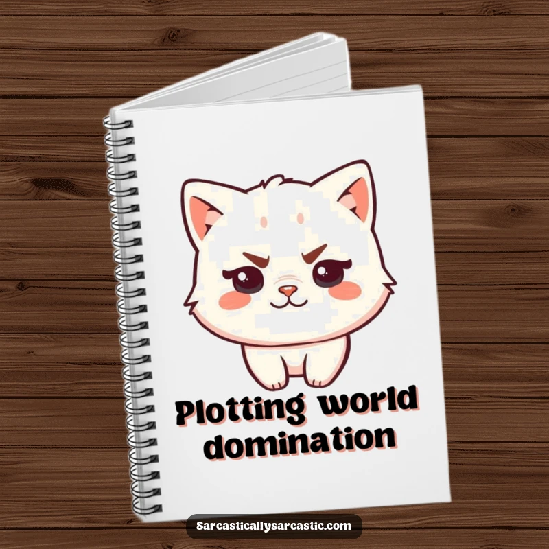 Funny kawaii cat notebook with a sassy character, raised eyebrow, and smirk, perfect for jotting down witty notes.