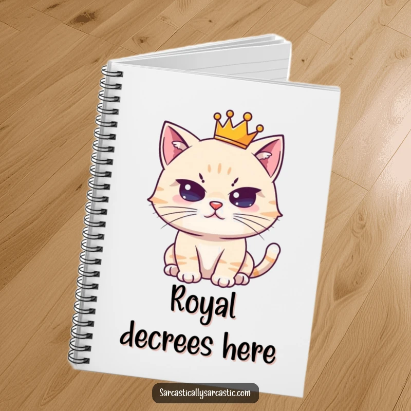 Funny notebook with a cute, crowned cat character giving a deadpan stare; perfect for journaling with regal humor.