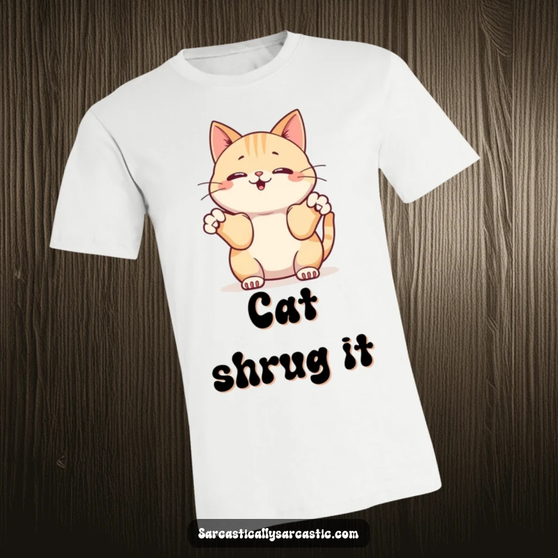 Funny t-shirt featuring a kawaii cat innocently shrugging with its front paws, perfect for expressing casual indifference.
