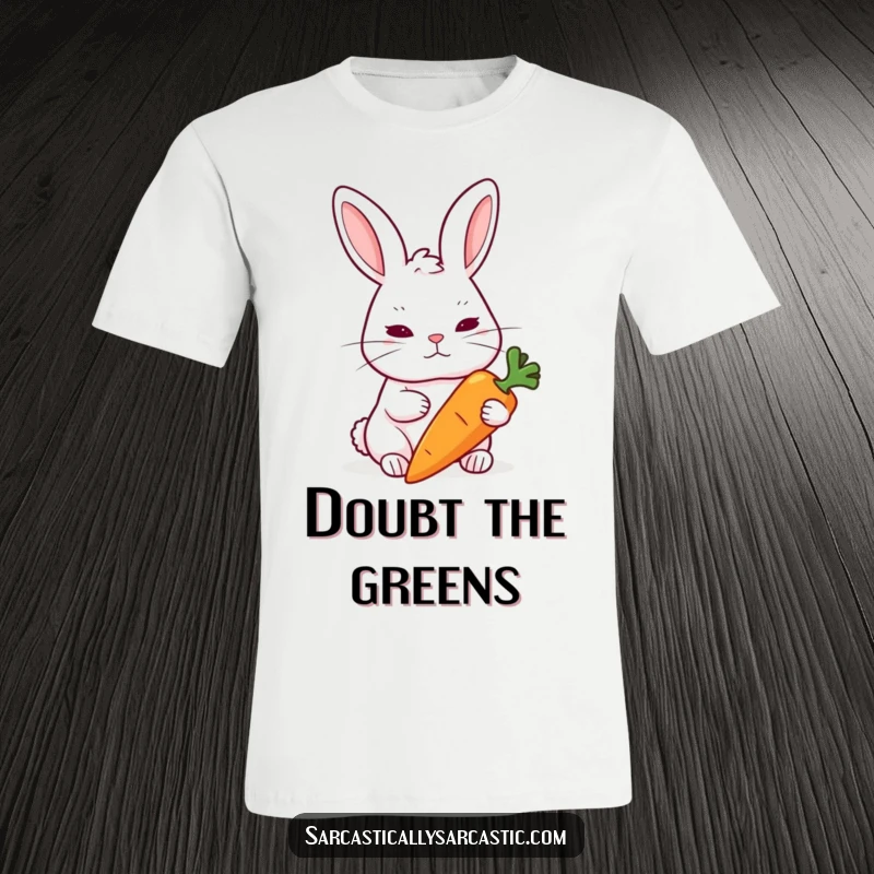 Funny Rabbit T-Shirt: A rabbit raises an eyebrow skeptically at a carrot, showing humorous doubt.