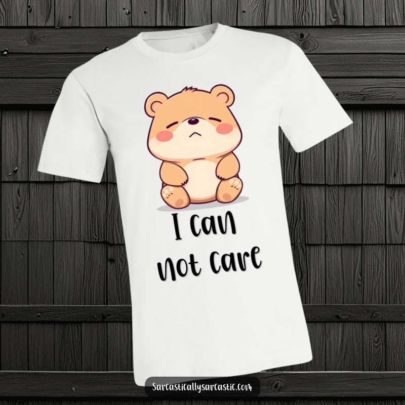 Funny bear t-shirt with a bear shrugging its shoulders and a smirk, conveying complete indifference. Great shirt.