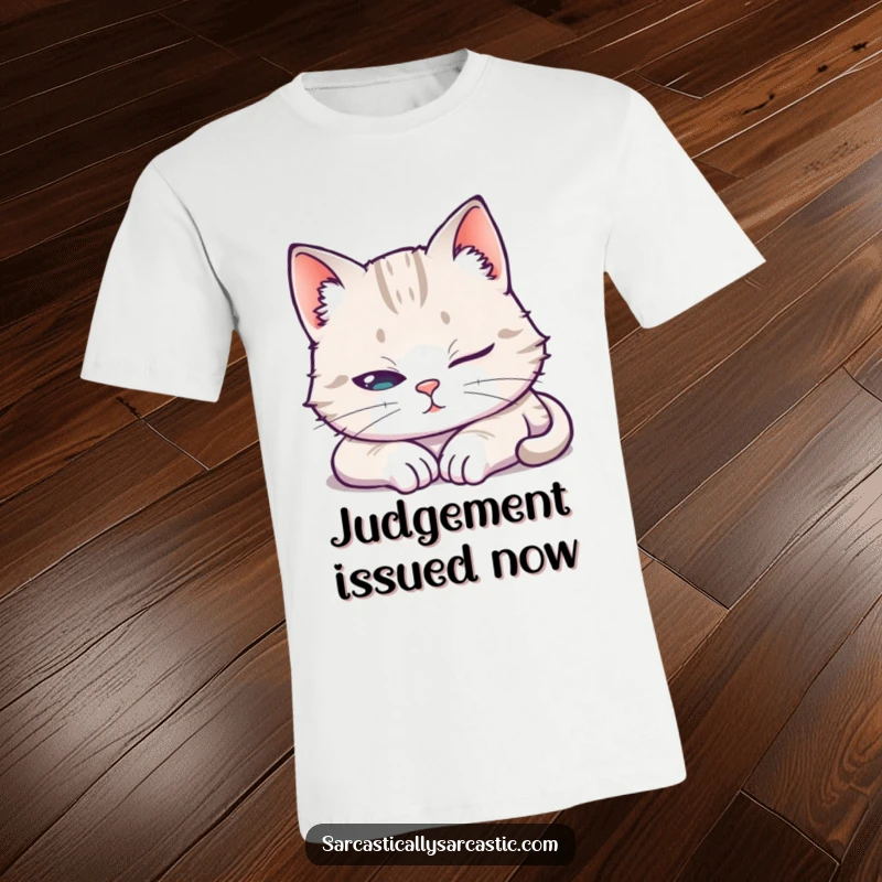 Funny T-Shirt showing a cat pretending to sleep with one eye open, representing sneaky observation and humorous cat antics.