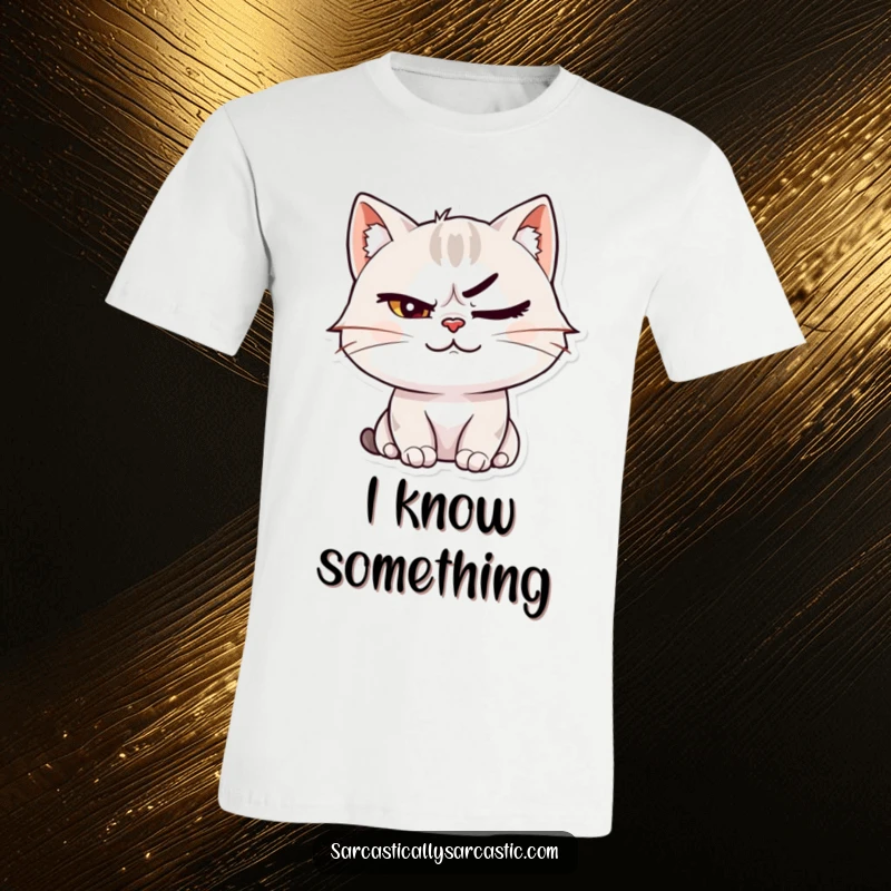 Funny cat character smirking with a raised eyebrow on a t-shirt, conveying playful confidence and feline attitude.