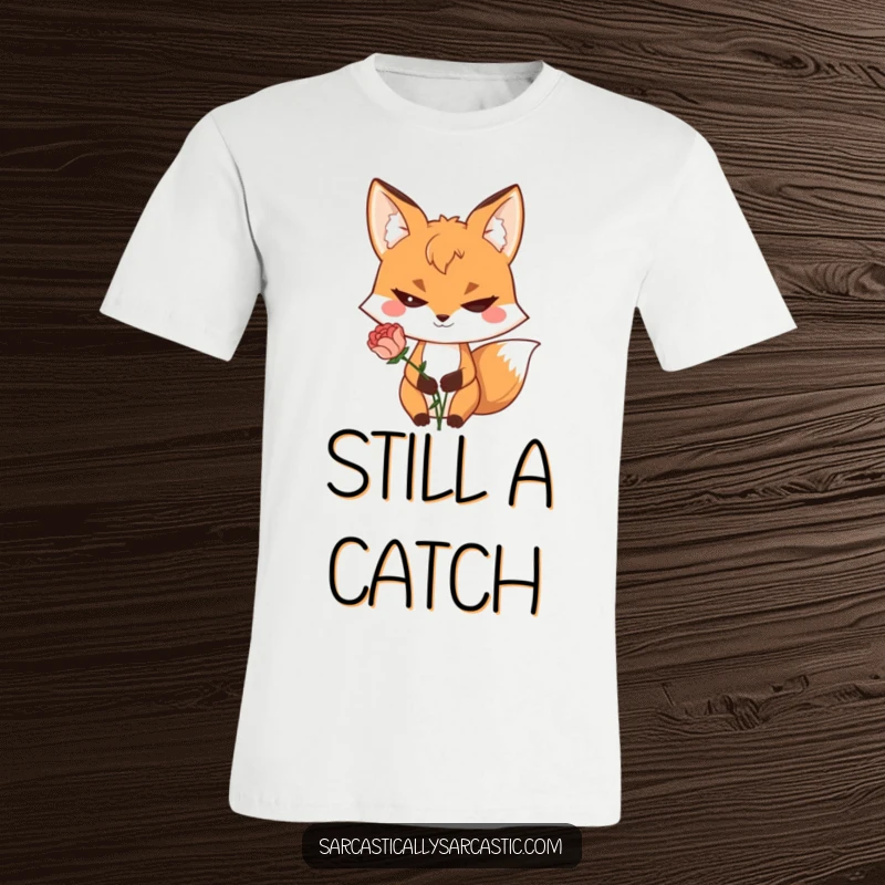 Funny t-shirt with a sly fox character, a mischievous grin, and a wilted flower, expressing playful sarcasm.