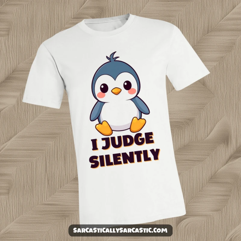 Funny kawaii penguin t-shirt featuring a deadpan, straight face, perfect for a cool and funny gift.